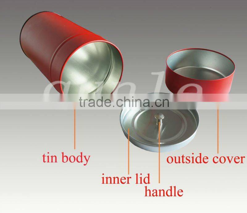 round tin can with inner rivet lid for tea or coffee