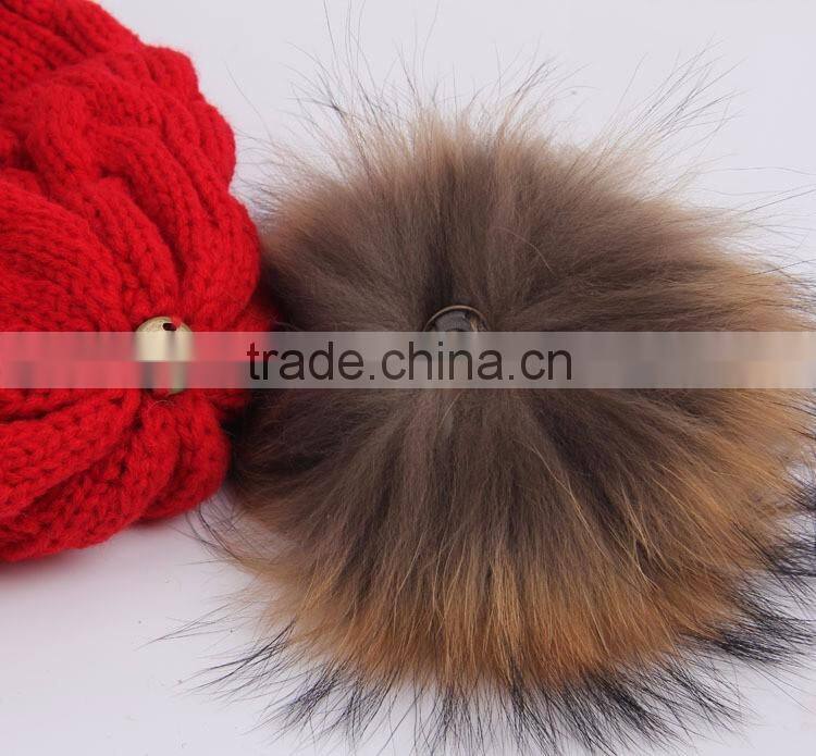 Custom Wool Knitted Racoon Fur Pom Pom Beanie Hat