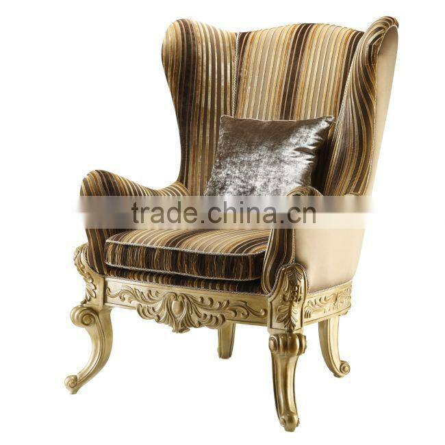 Living room fabric armchair European style wood frame hand carved wing chair