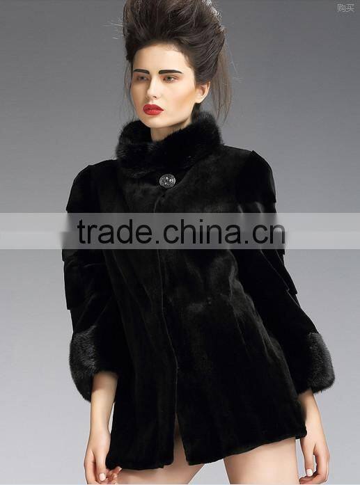 rex14052 sheeted rex rabbit fur coat mink collar cuffs stand collar