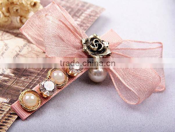 fashion crystal pearl ribbon hair bow alligator hair clips hair accessory
