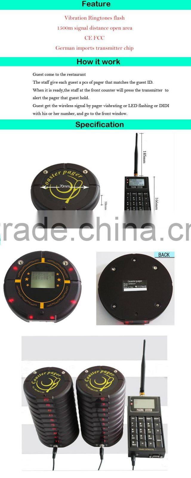 Extra-Long Range Smart Stack Coaster Pager/Wireless Slim Coaster Queue Calling Equipment