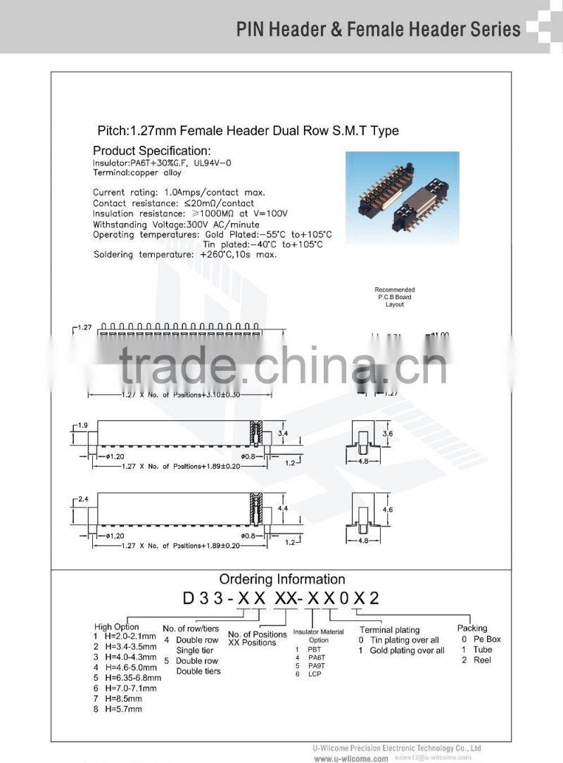 China Manufacturer UL TUV CSA Approved 1.27mm Female Header Dual Row female header connector for PCB board