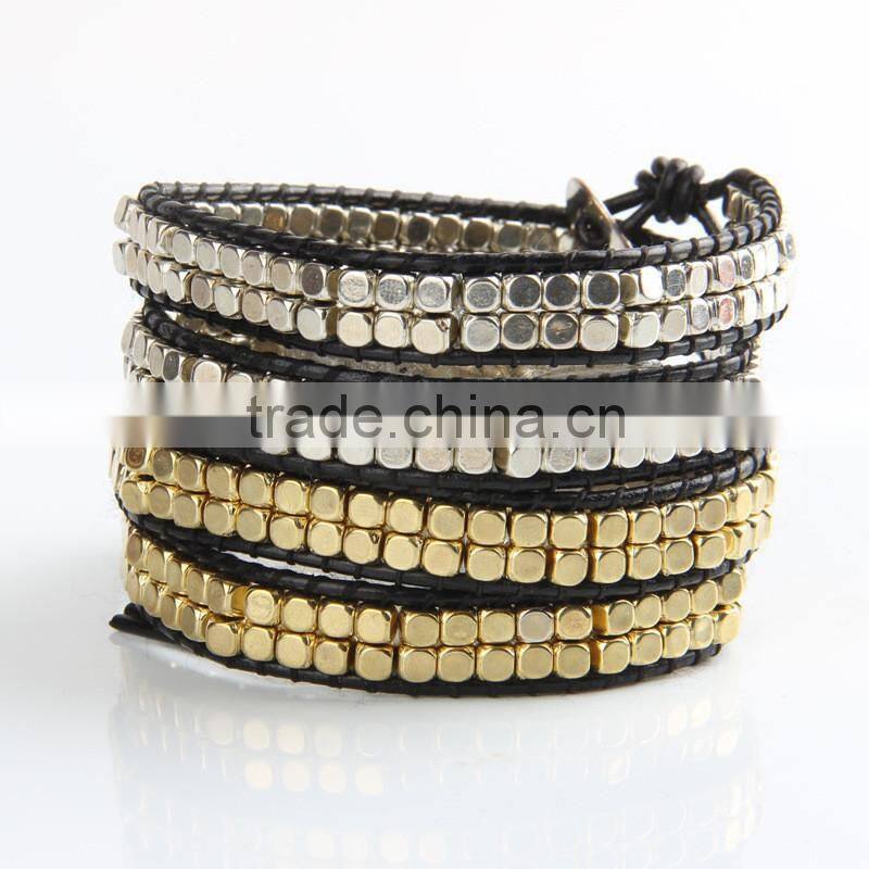 fashion bead bracelet wholesale Hand-woven four laps coil bracelet bangle gold and silver charm bracelet jewelry