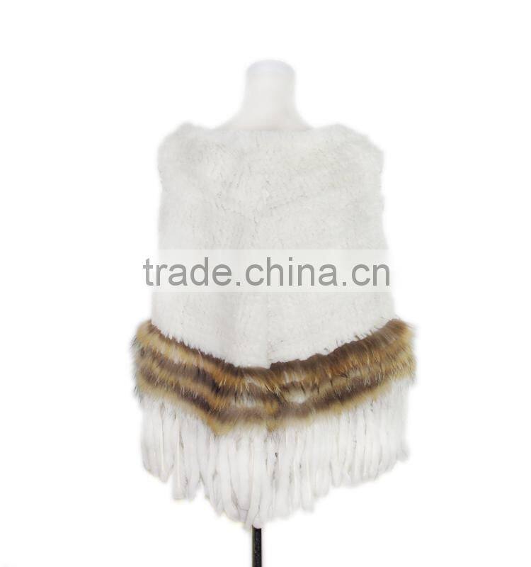 Rabbit fur poncho white color poncho raccoon fur stripes knitted poncho KZ14051