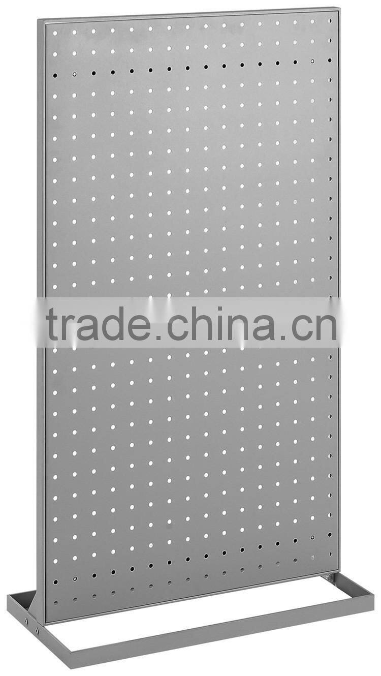 Silver Double Sided Floor Standing Metal Pegboard Display Stand