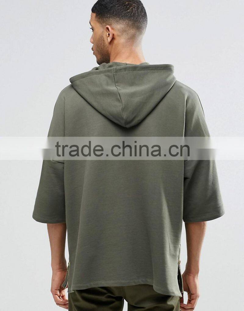 wholesale full zip 100% cotton with hood dark green men furcal hem oversized long hoodie