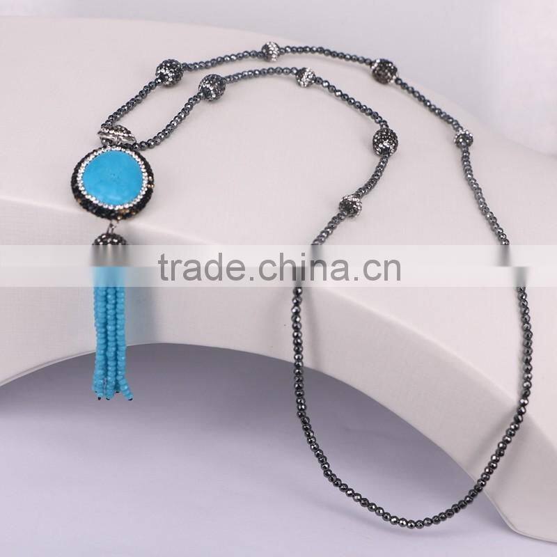 Natural Turquoise Stone with Glass Tassel Jewelry Pendant Necklace, Pave Crystal Beads Hematite Beaded Necklace