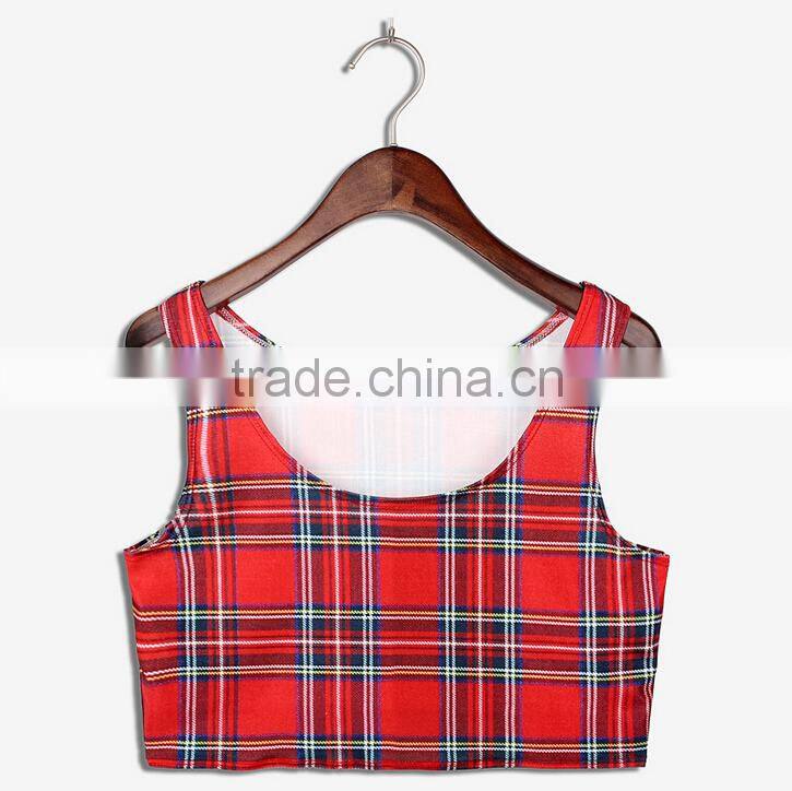 2015 Women Crop Tops wholesale Sublimation Red Plaids Print Custom Design N7-37