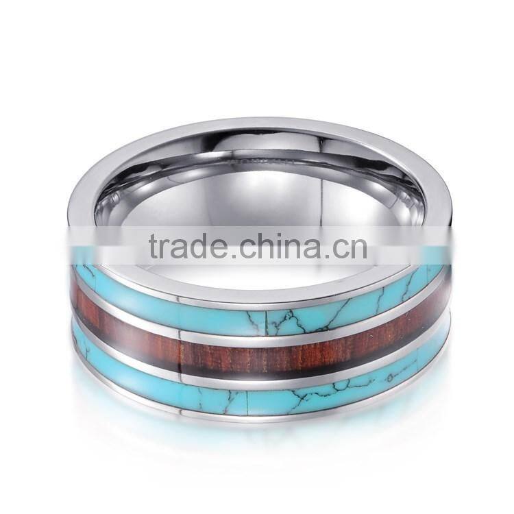 Fashion tunsgten wedding bands rings inlay turquoise and wood