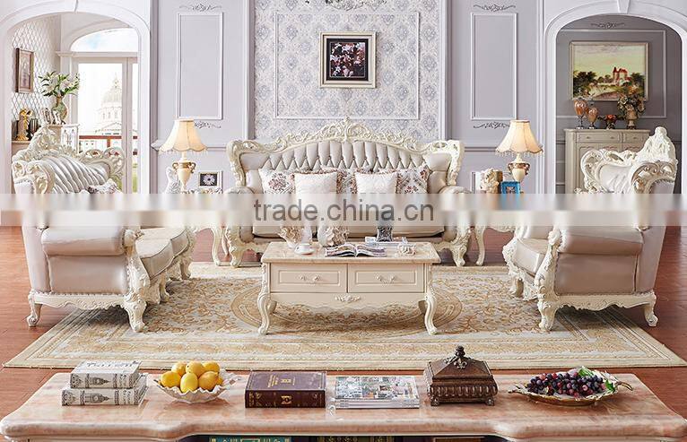 Living room sofa ivory color solid wood hand carved genuine leather 1+2+3 sofa set