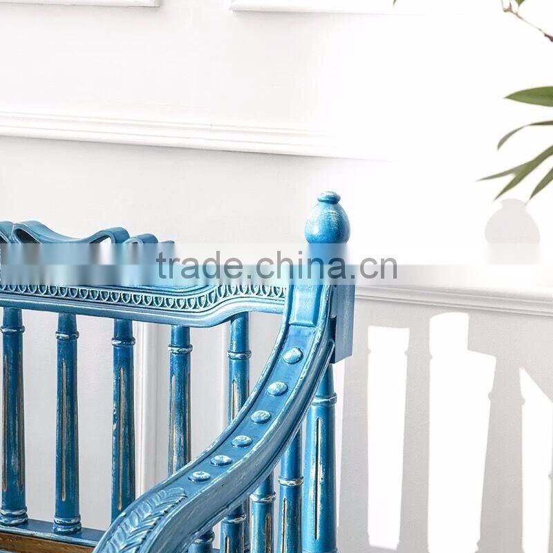 Antique Handmade Solid Wood Square Back Carving Armchair Painted in Vintage Blue and with Striped Fabric BF12-03294b