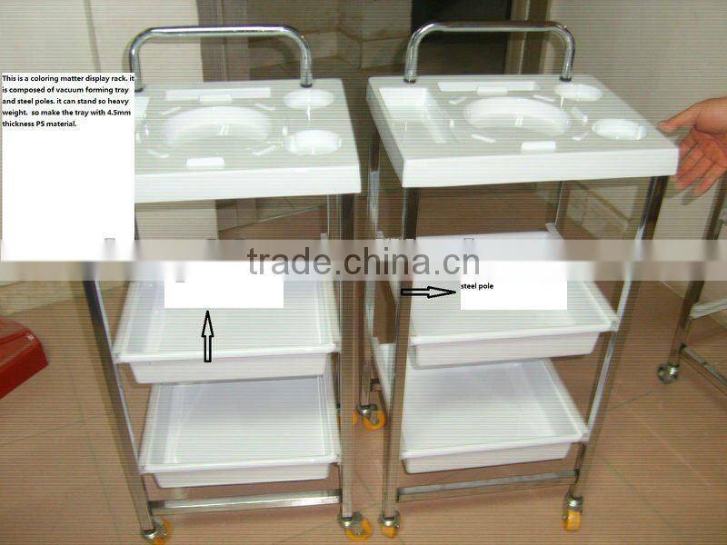 serving display rack assembled by vacuum forming plastic tray parts and steel shelf