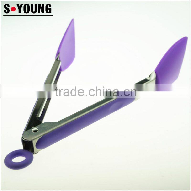 14059 New shape Kitchen and Barbecue Grill Tongs Silicone BBQ Cooking Stainless Steel Locking Food Tong Salad Tongs