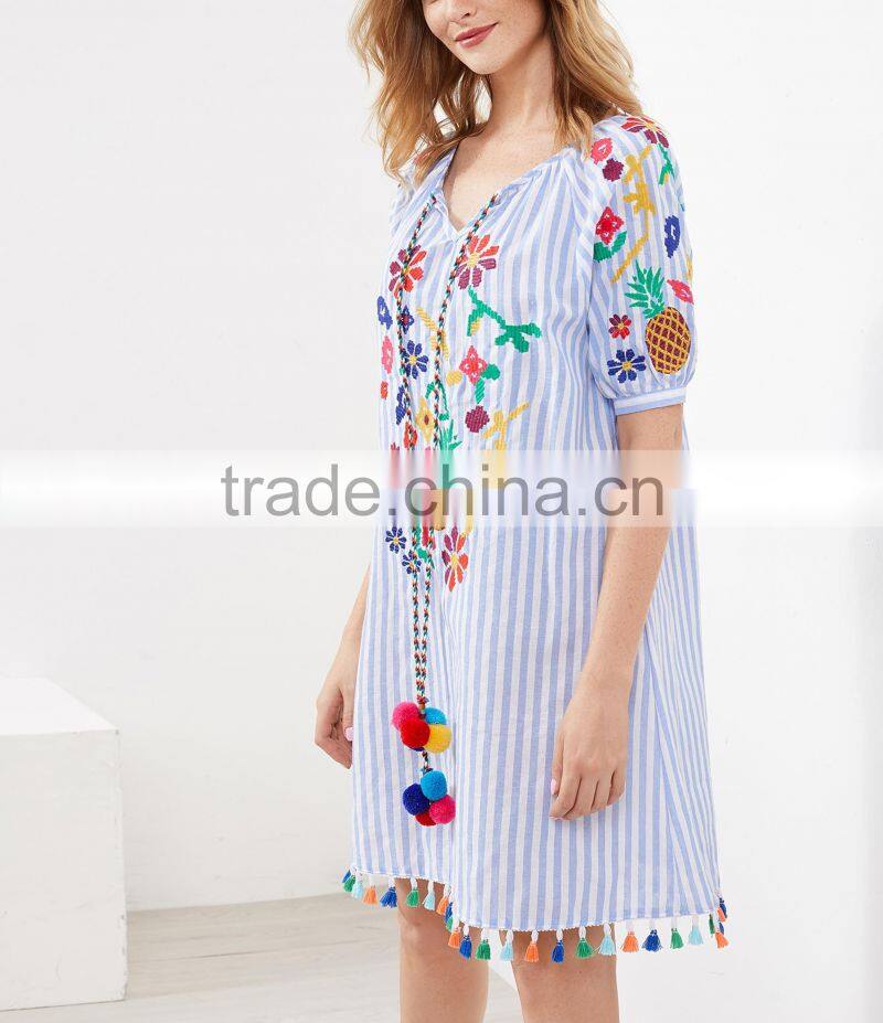 Bohemian Clothing Vertical Striped Embroidered Tassel Hem Pom Pom Dress New Model Girls Dress HSd5212