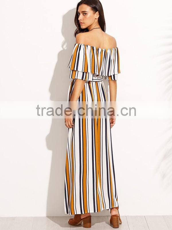 Woman Fashion Striped Off The Shoulder Tie Waist Chiffon Maxi Dress