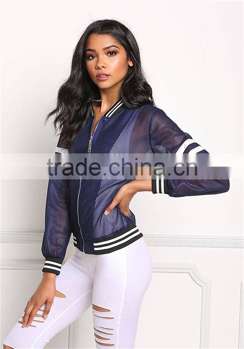 MGOO New Arrival Baseball Mesh Jackets Women Stripe Long Sleeves Fashion Zip Up Bomber Jackets 100 Cotton