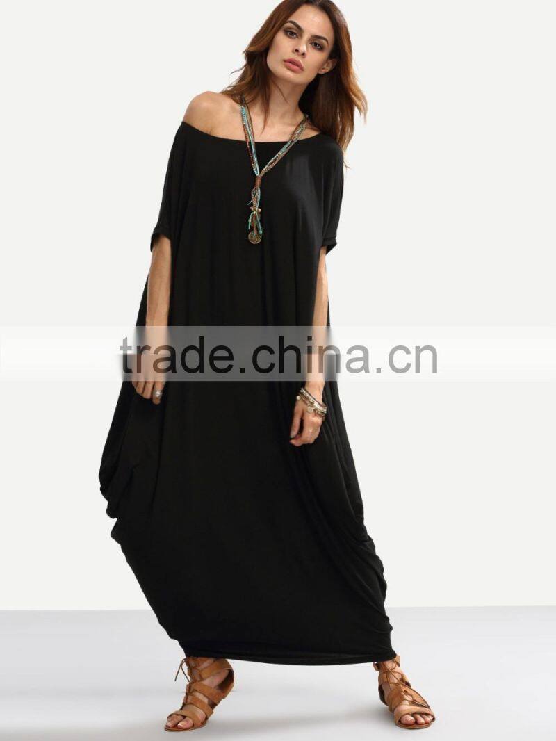 Black One Shoulder Dolman Sleeve Maxi Dress 100% Cotton Casual Batwing Sleeve Shift T Shirt Dress