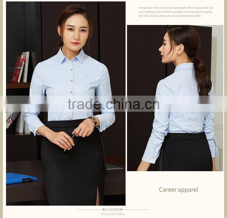 Women fashion spring elegant light blue stripe blouses long sleeve shirt work office wear casual slim tops Office 2017