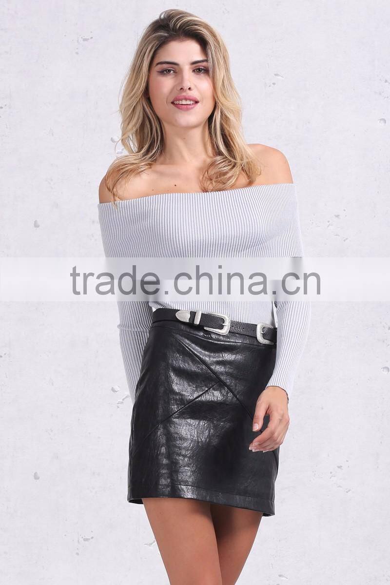 off shoulder elastic spring sweater women Short gray lapel pullover sexy white jumpers Autumn knitwear top