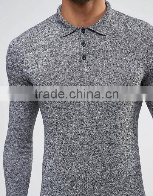 Mens Long Sleeve Tight Fit Knitted Polo In Black & White Twist guangzhou factory