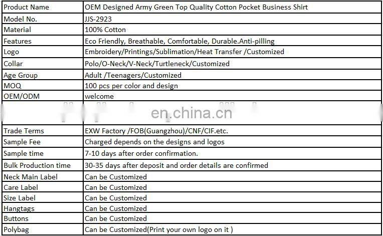 OEM Designed Army Green Top Quality Cotton Pocket Business Shirt