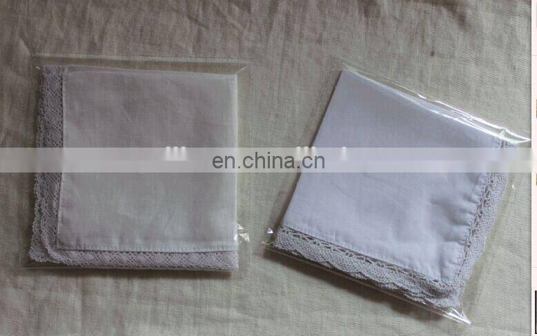 100% linen/cotton handkerchief with lace hem,white/blank for wedding,wholesale