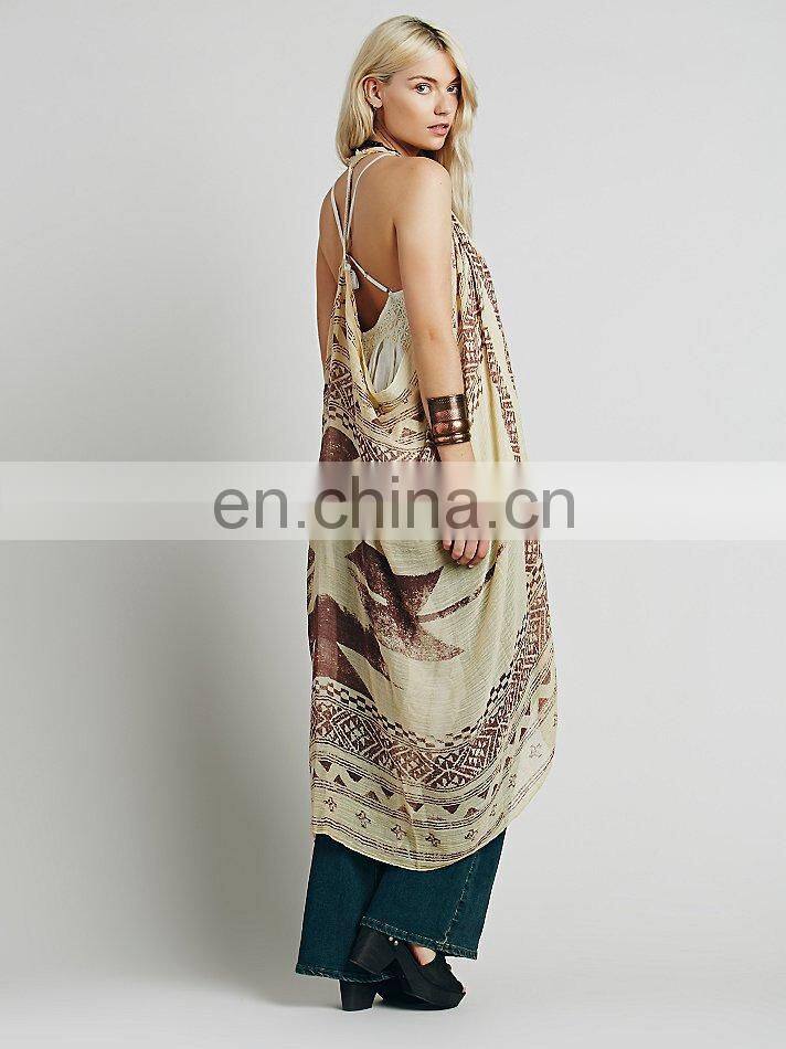 Maxi style printed sleeveless cardigan for woman