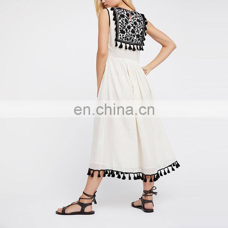 Spanish clothing brand embroidery knee length loose white boho dress