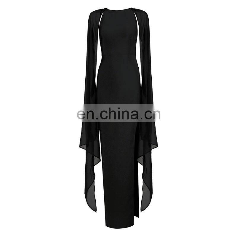Amigo 2017 Black long chiffon cape sleeve high vent Barelegged long bandage dress modest dresses for young girls