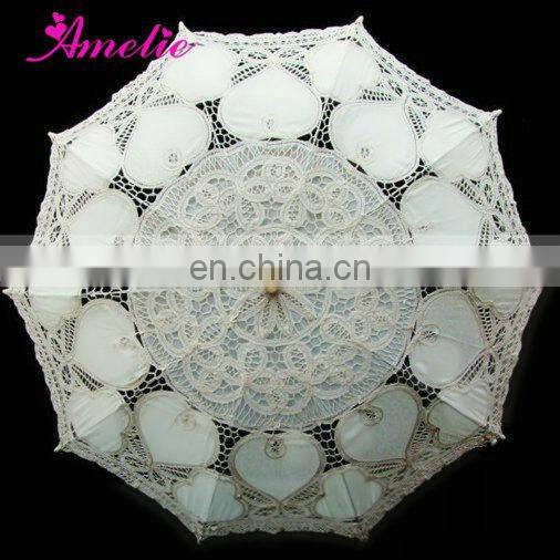 A0186 White Lace Ladies Sun Parasol with Heart Pattern