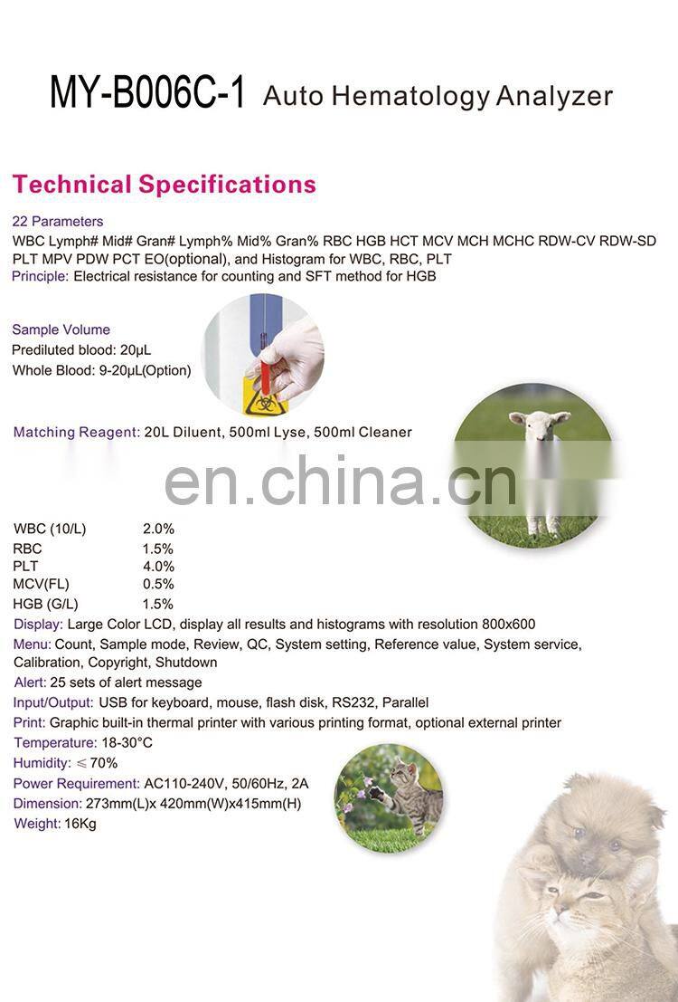 Hot selling Vet diagnostic device clinical Auto Hematology Analyzer for Veterinary Use