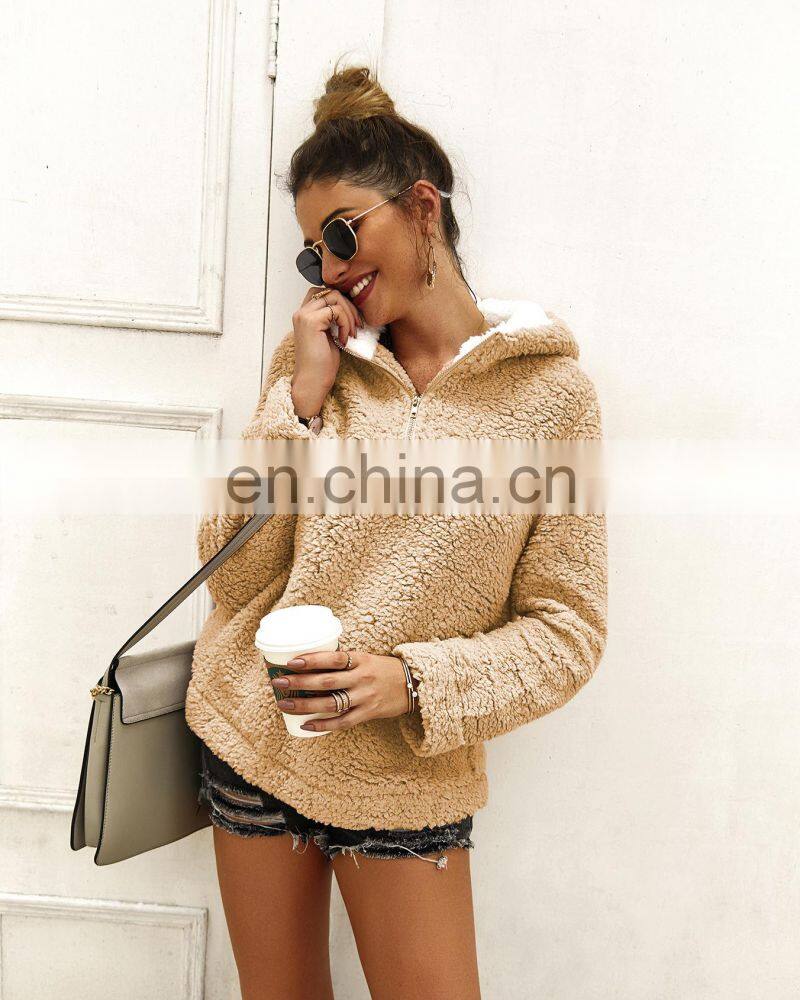 Wholesale custom women's jackets Casual and comfortable long-sleeved hooded zipper loose solid color street style