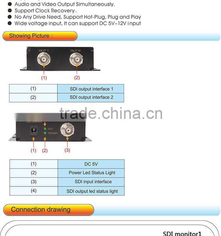 Hot ! SDI splitter 1x2 with 3G / HD/ SD SDI TO Repeater