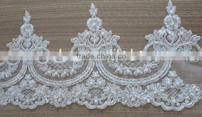 Embroidery ribbon and beaded corded bridal mesh lace