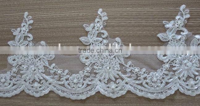 Embroidery ribbon and beaded corded bridal mesh lace