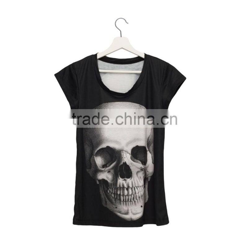China Supplier Hot Sale Custom 3D Printing Skull Black Branded Woman T-shirt