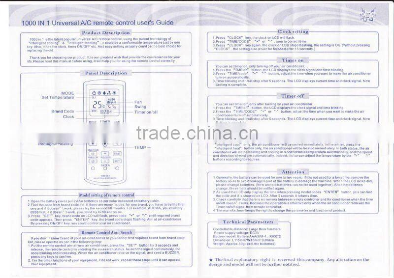 universal air conditioner remote control 1000 in 1