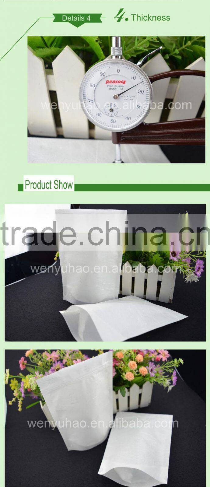 Pe Inside Resealable Food Storage Stand up Zipper Snack white Paper Packaging Bags with Tear Notch