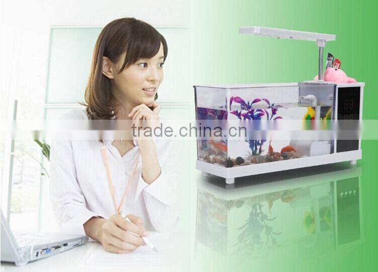 Mini table fish tank, electronic clock on table Lamp
