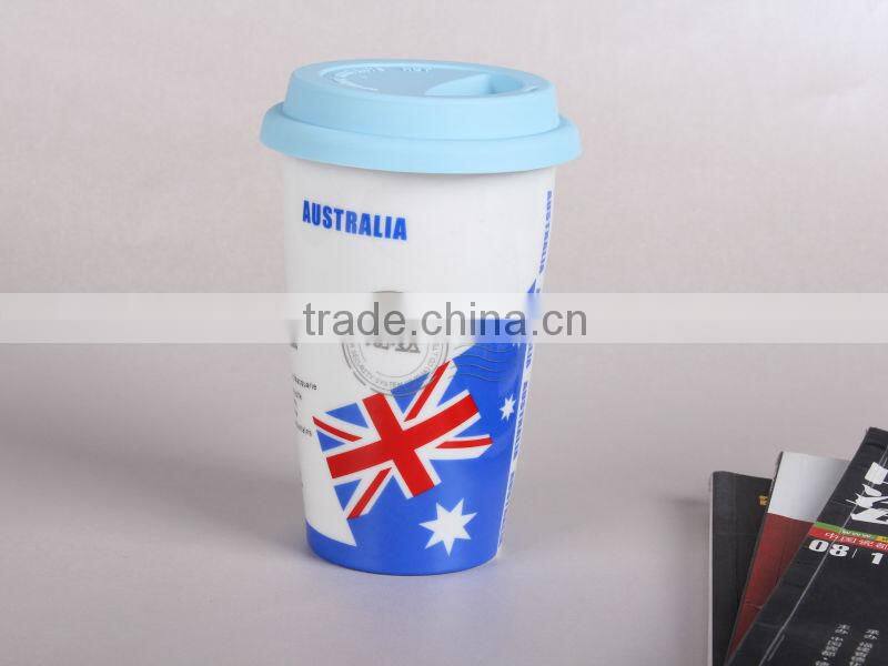 Flag ceramic coffee cup with food grade silicone lid high quality but low price wholesale