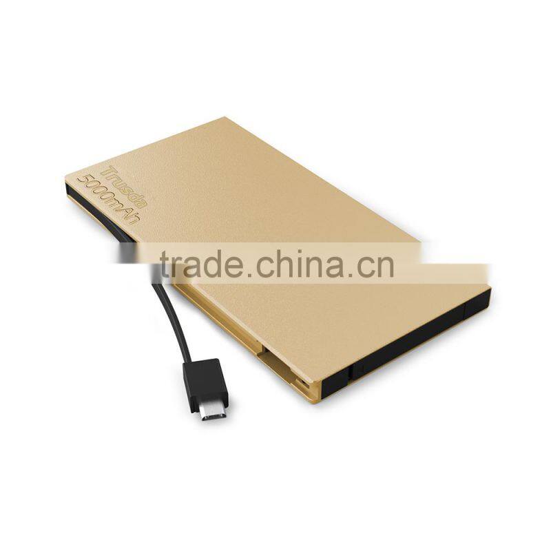 TRUSDA 5V 2.1A Built in cables 2 USB Port power bank 5000mAh Li-Polymer cell with 4 LED Indicators