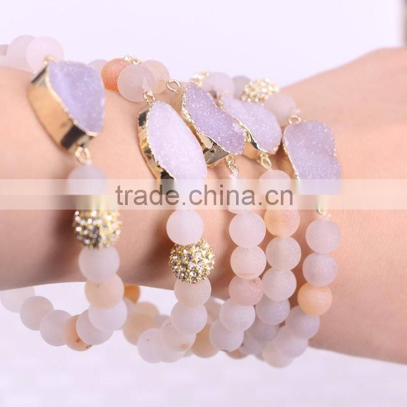 Gold Plated Natural Agate Quartz Stone Druzy Bracelet, with 8mm Frosted Agate Beaded Jewelry Bracelets
