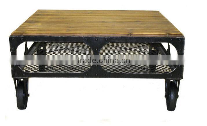 Industrial rustic wood top Coffee table with wheels