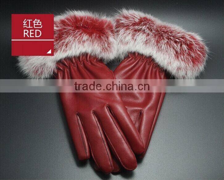 2015 Fashion Winter Leather Gloves Women Fur Gloves Ladies Leather Gloves