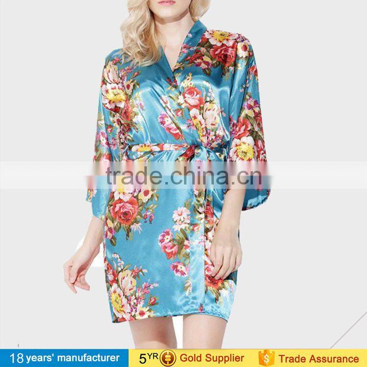 2017 fashion summer nightgown sleepwear 100% polyester printed floral wedding bride bridesmaid silk satin short kimono Robes