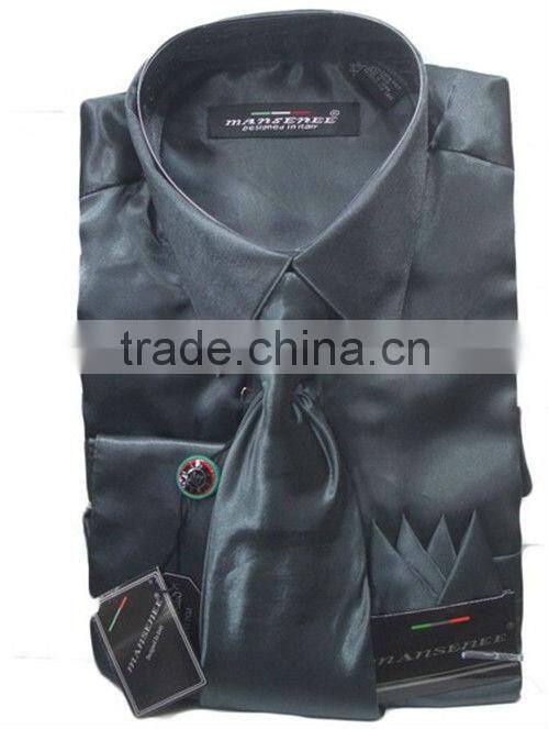 Satin dress shirts men tie&hanky man satin shirt