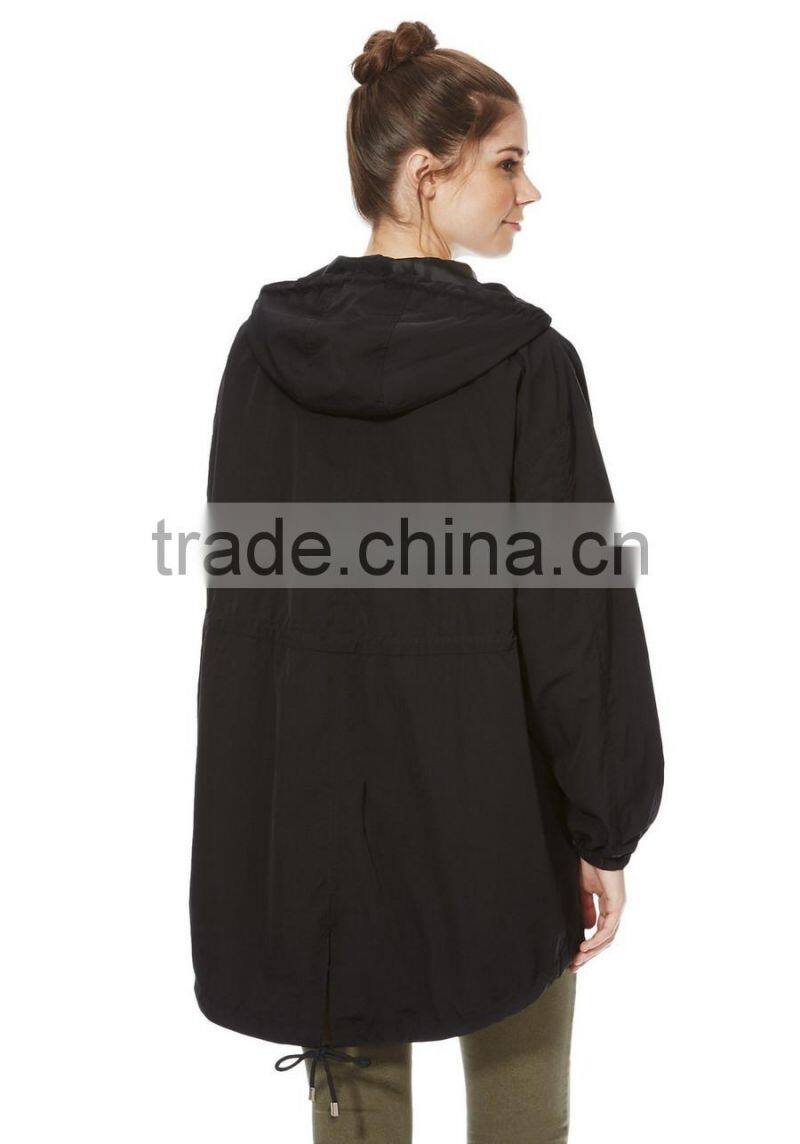 2015 OEM fashion zip through plain wind proof coat long jacket for women.
