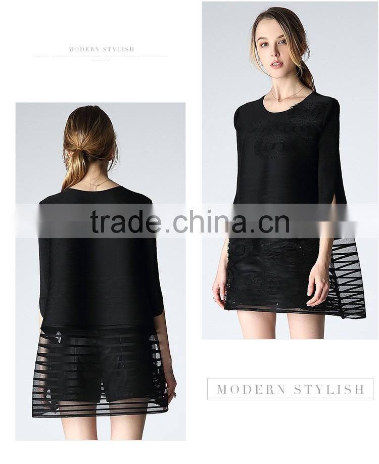 Woman pleat round neck flower splicing loose dresses wholesale