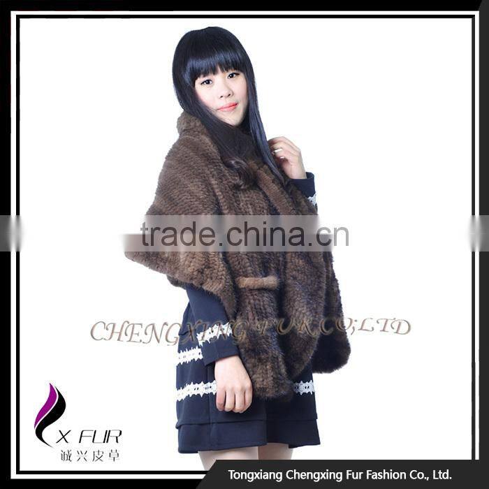 CX-B-M-105A Brown Color In-Stock 2016 New Design Knitted Mink Fur Women Fur Shawl